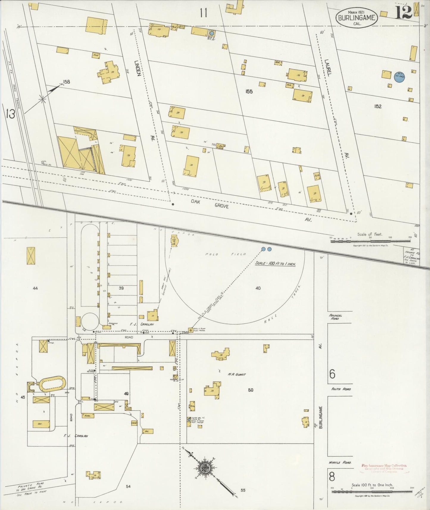 Sanborn Fire Insurance Map from Burlingame, San Mateo County, California (1921), Sheet #0012 - Complete Map Set gallery image, historic Sanborn map, vintage wall art, California California