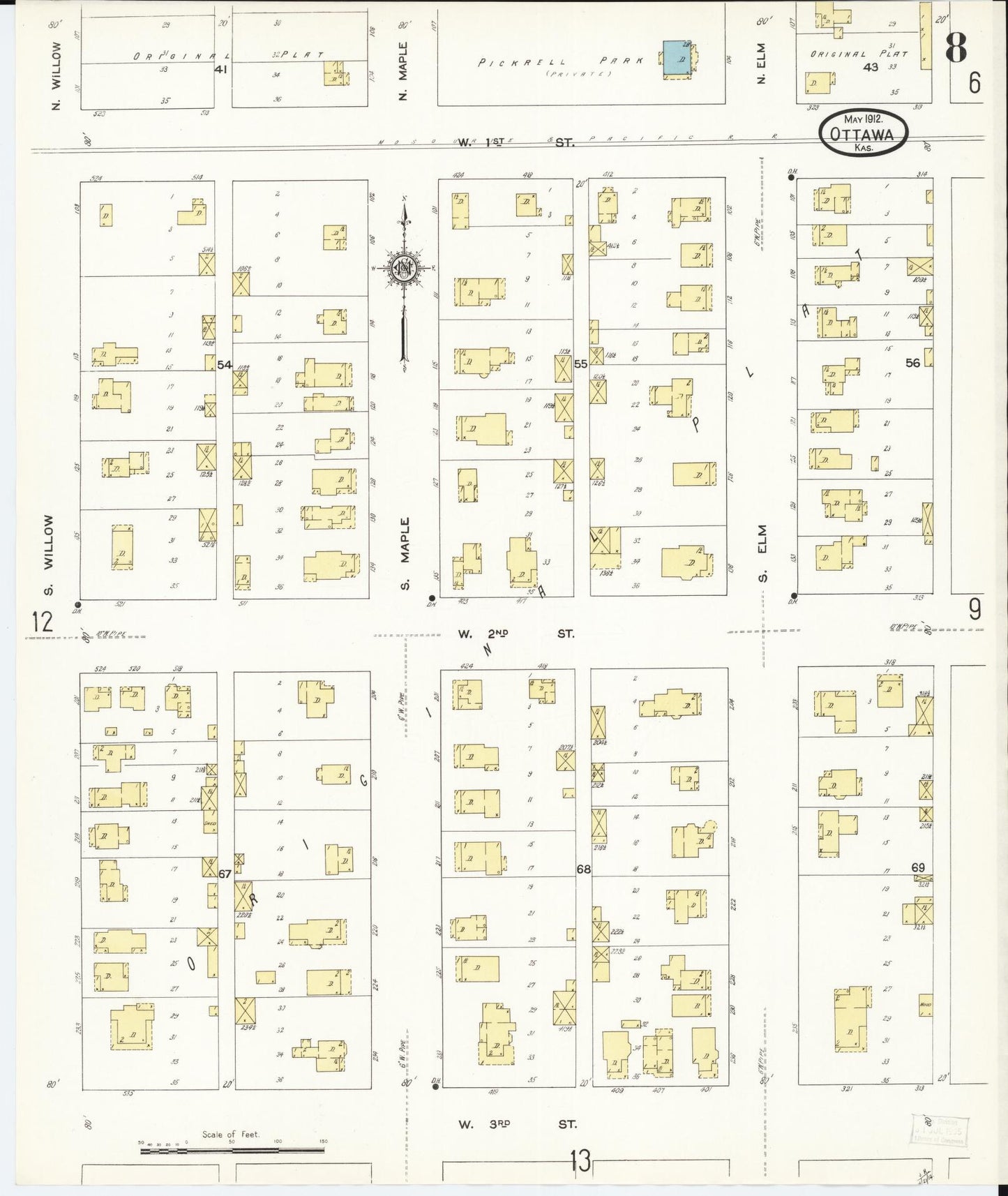 Sanborn Fire Insurance Map from Ottawa, Franklin County, Kansas (1912), Sheet #0008 - Complete Map Set gallery image, historic Sanborn map, vintage wall art, Kansas Kansas