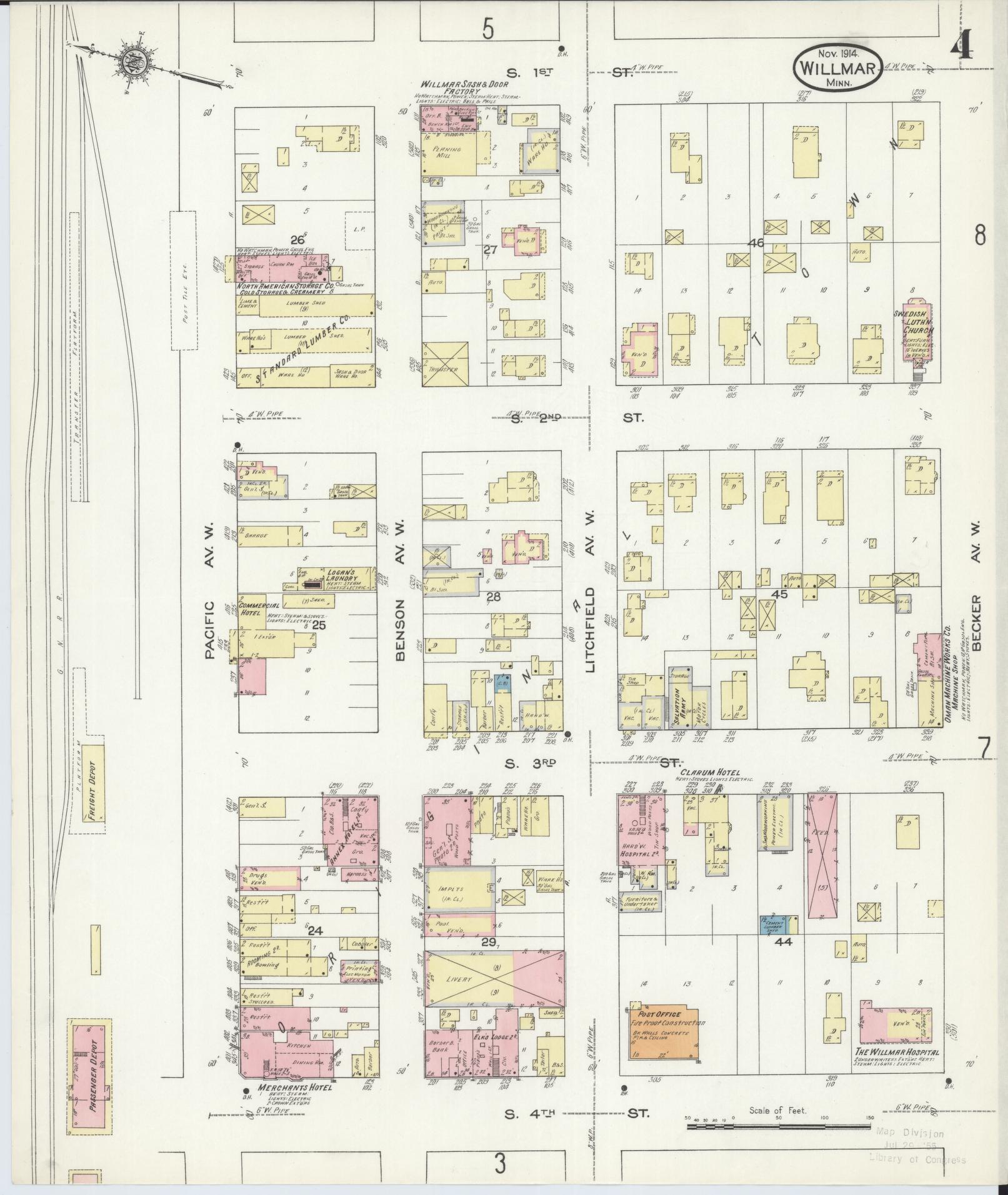 Sanborn Fire Insurance Map from Willmar, Kandiyohi County, Minnesota (1914), Sheet #0004 - Historic Sanborn Fire Insurance Map Print, vintage old map wall art, antique decor, genealogy gift, Minnesota Minnesota map