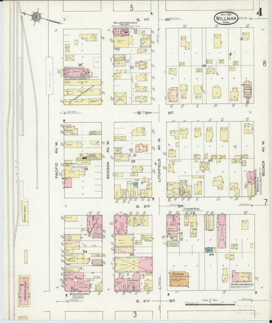 Sanborn Fire Insurance Map from Willmar, Kandiyohi County, Minnesota (1914), Sheet #0004 - Historic Sanborn Fire Insurance Map Print, vintage old map wall art, antique decor, genealogy gift, Minnesota Minnesota map