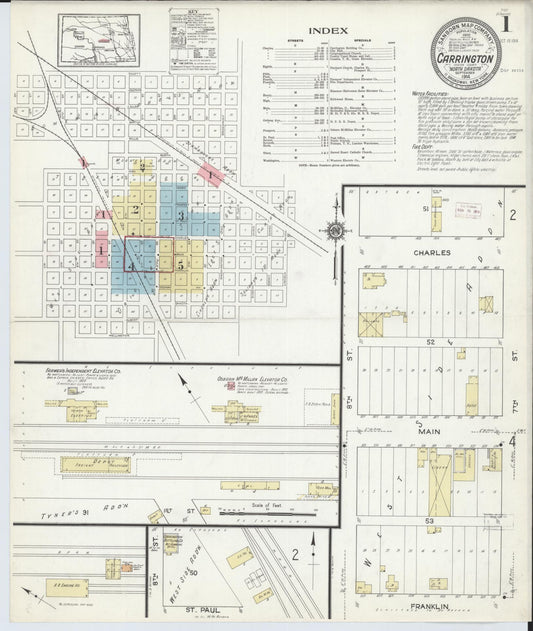 Sanborn Fire Insurance Map from Carrington, Foster County, North Dakota (1914), Sheet #0001 - Historic Sanborn Fire Insurance Map Print, vintage old map wall art, antique decor, genealogy gift, North Dakota North Dakota map