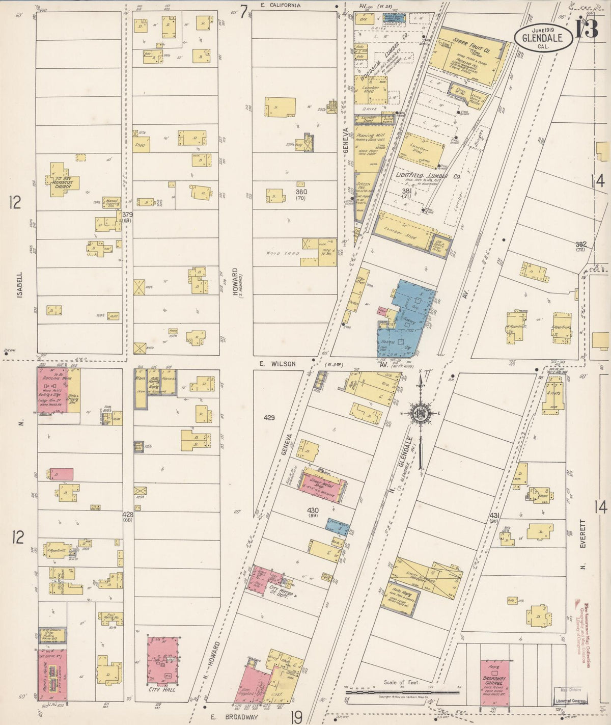 Sanborn Fire Insurance Map from Glendale, Los Angeles County, California (1919), Sheet #0013 - Complete Map Set gallery image, historic Sanborn map, vintage wall art, California California