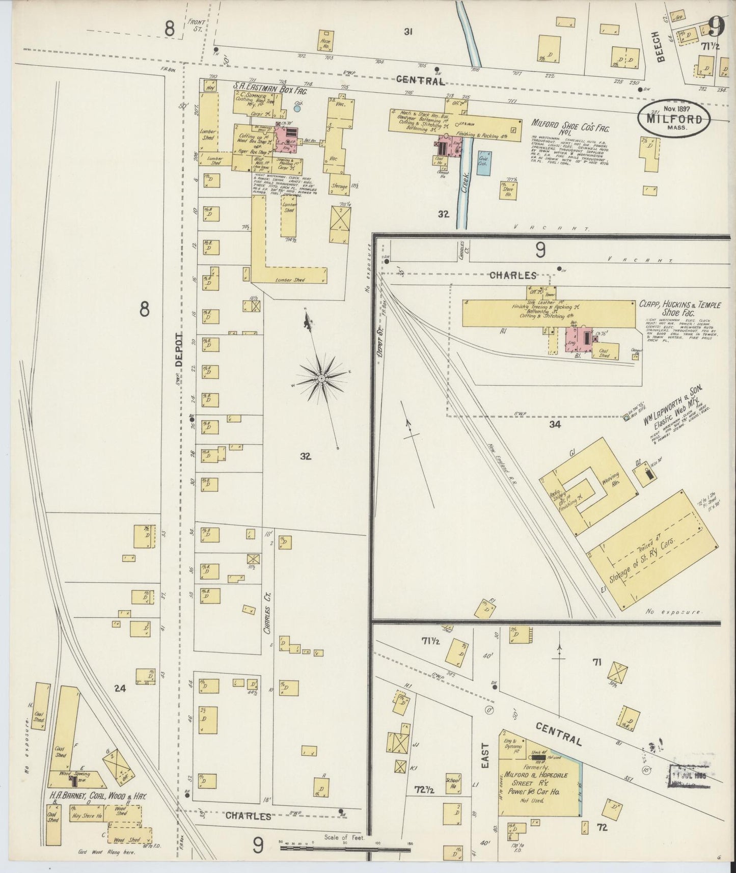 Sanborn Fire Insurance Map from Milford, Worcester County, Massachusetts (1897), Sheet #0009 - Complete Map Set gallery image, historic Sanborn map, vintage wall art, Massachusetts Massachusetts
