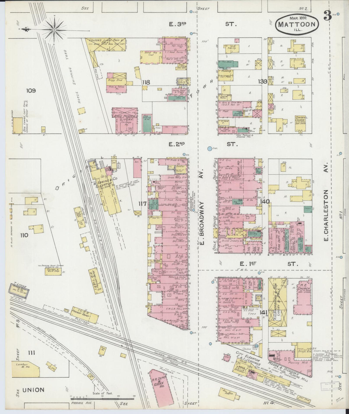 Sanborn Fire Insurance Map from Mattoon, Coles County, Illinois (1892), Sheet #0003 - Complete Map Set gallery image, historic Sanborn map, vintage wall art, Illinois Illinois
