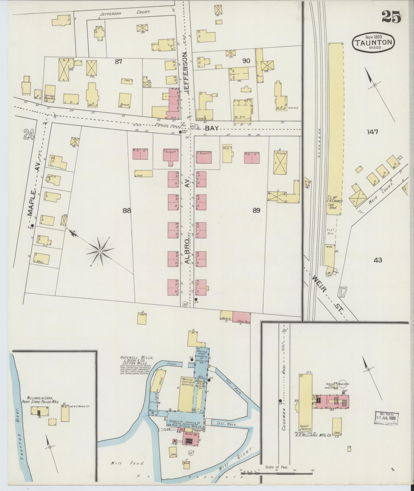 Sanborn Fire Insurance Map from Taunton, Bristol County, Massachusetts (1893), Sheet #0025 - Historic Sanborn Fire Insurance Map Print, vintage old map wall art, antique decor, genealogy gift, Massachusetts Massachusetts map