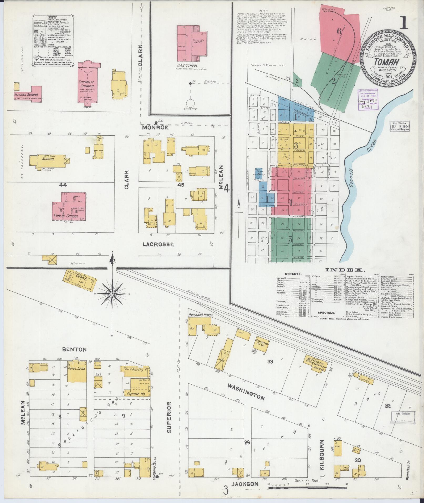 Sanborn Fire Insurance Map from Tomah, Monroe County, Wisconsin (1904), Sheet #0001 - Historic Sanborn Fire Insurance Map Print, vintage old map wall art, antique decor, genealogy gift, Wisconsin Wisconsin map