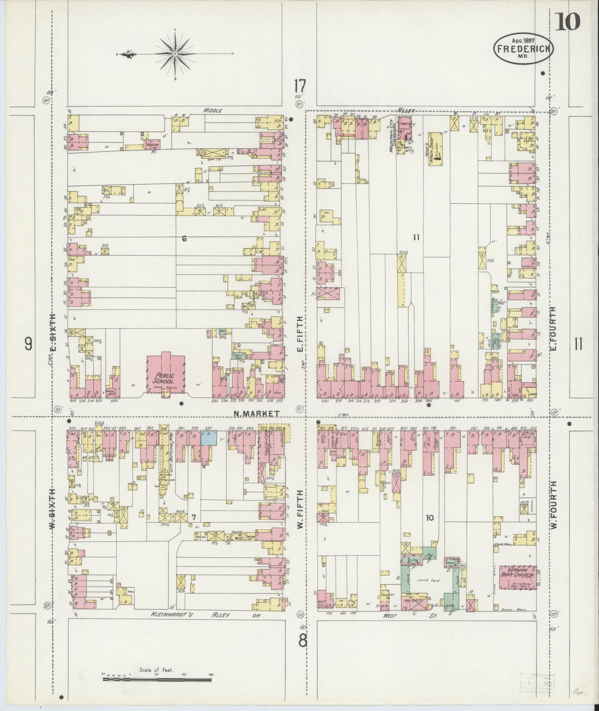 Sanborn Fire Insurance Map from Frederick, Frederick County, Maryland (1897), Sheet #0010 - Historic Sanborn Fire Insurance Map Print, vintage old map wall art, antique decor, genealogy gift, Maryland Maryland map