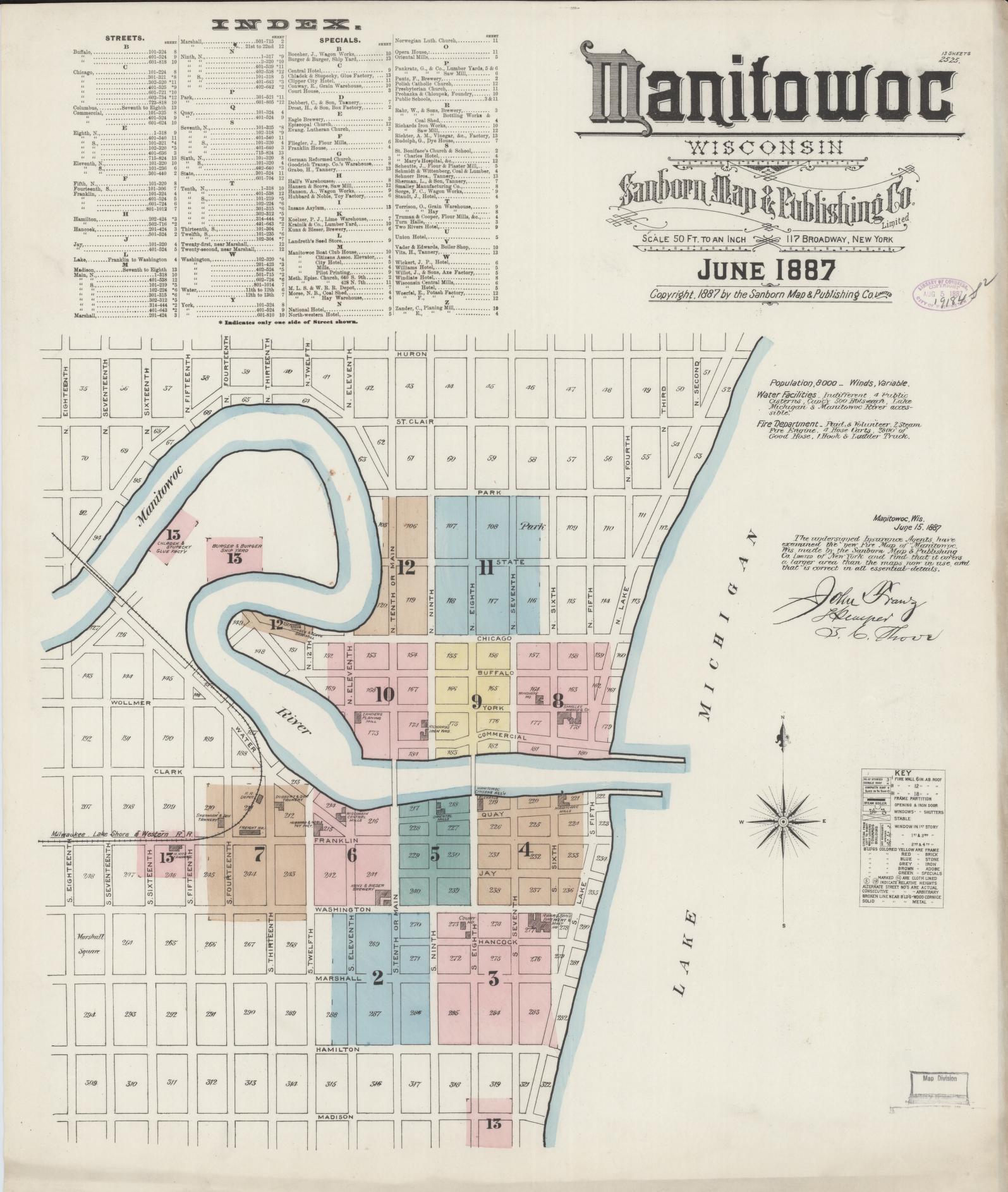 Sanborn Fire Insurance Map from Manitowoc, Manitowoc County, Wisconsin (1887), Sheet #0001 - Complete Map Set gallery image, historic Sanborn map, vintage wall art, Wisconsin Wisconsin