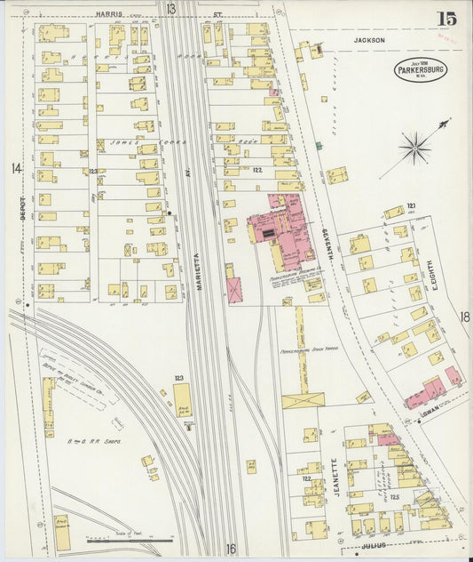 Sanborn Fire Insurance Map from Parkersburg, Wood County, West Virginia (1898), Sheet #0015 - Historic Sanborn Fire Insurance Map Print, vintage old map wall art, antique decor, genealogy gift, West Virginia West Virginia map