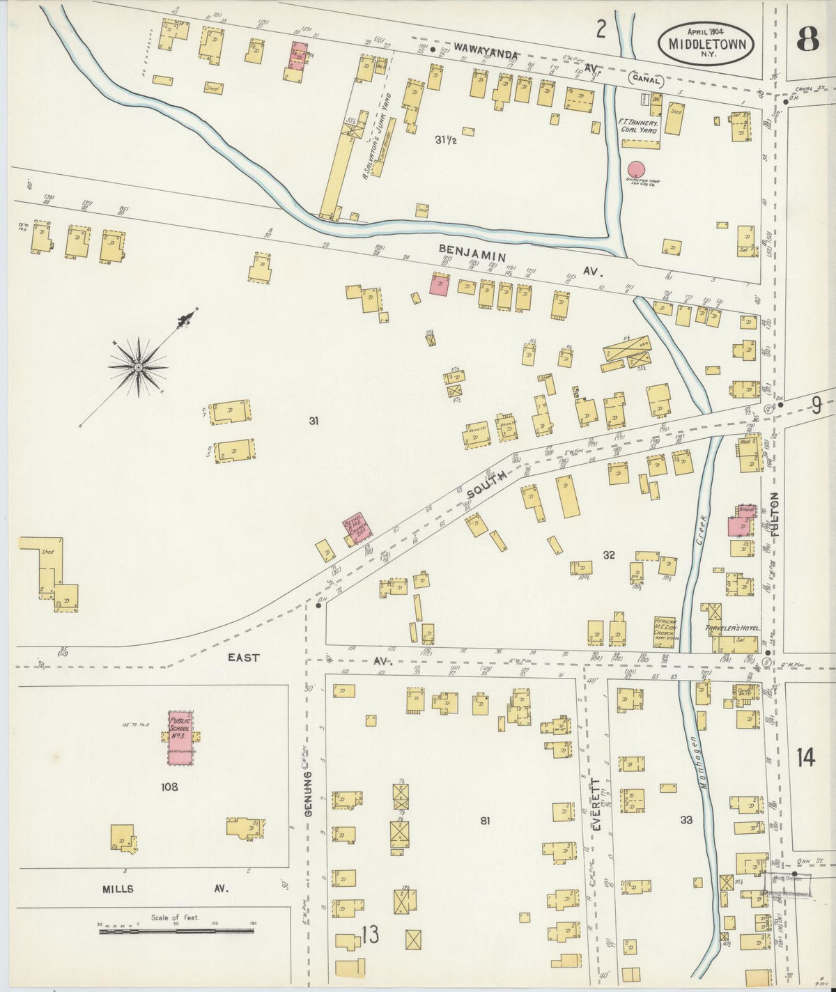 Sanborn Fire Insurance Map from Middletown, Orange County, New York (1904), Sheet #0008 - Historic Sanborn Fire Insurance Map Print, vintage old map wall art, antique decor, genealogy gift, New York New York map