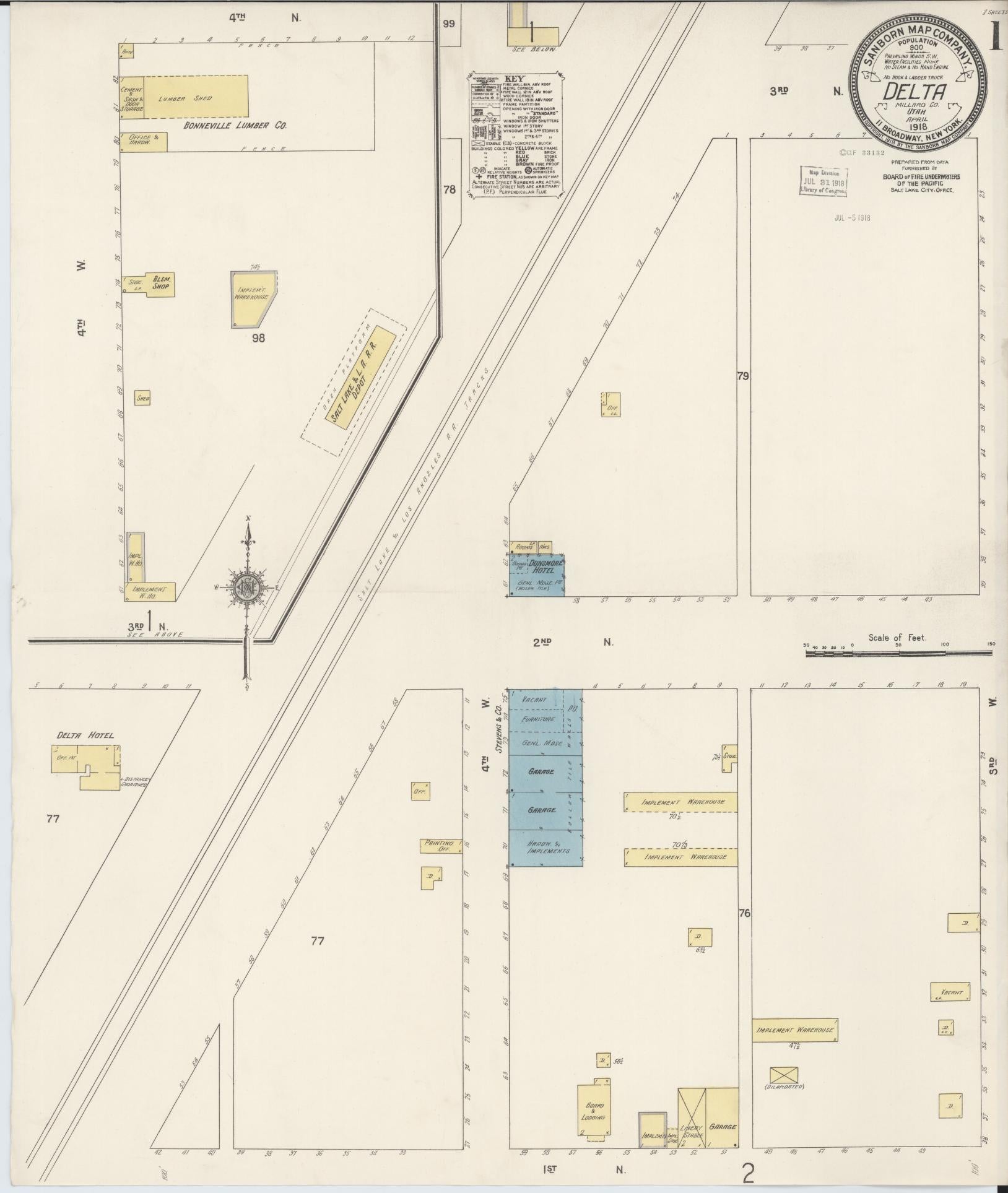Sanborn Fire Insurance Map from Delta, Millard County, Utah (1918), Sheet #0001 - Historic Sanborn Fire Insurance Map Print, vintage old map wall art, antique decor, genealogy gift, Utah Utah map
