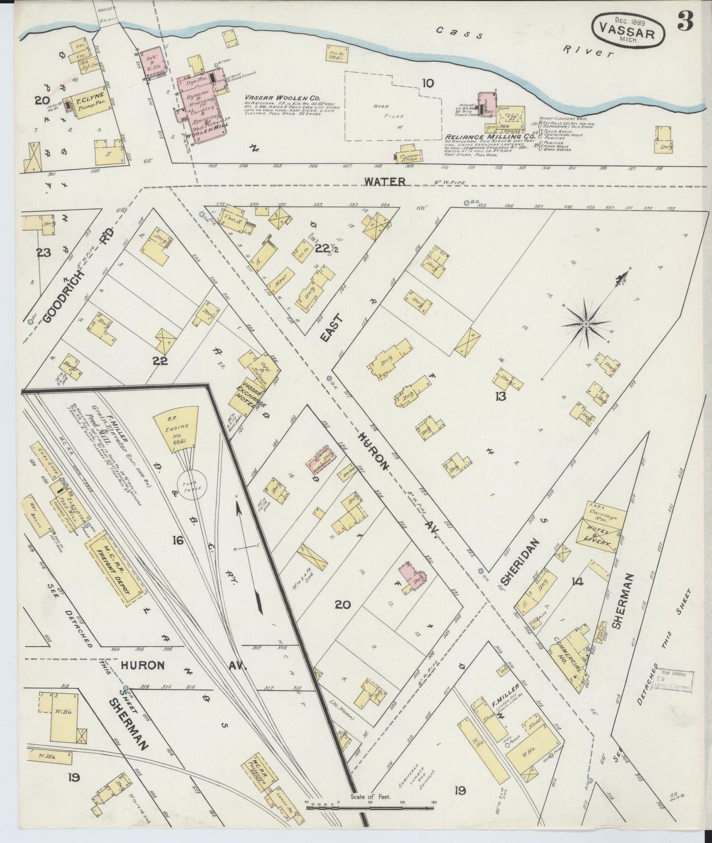 Sanborn Fire Insurance Map from Vassar, Tuscola County, Michigan (1889), Sheet #0003 - Historic Sanborn Fire Insurance Map Print, vintage old map wall art, antique decor, genealogy gift, Michigan Michigan map