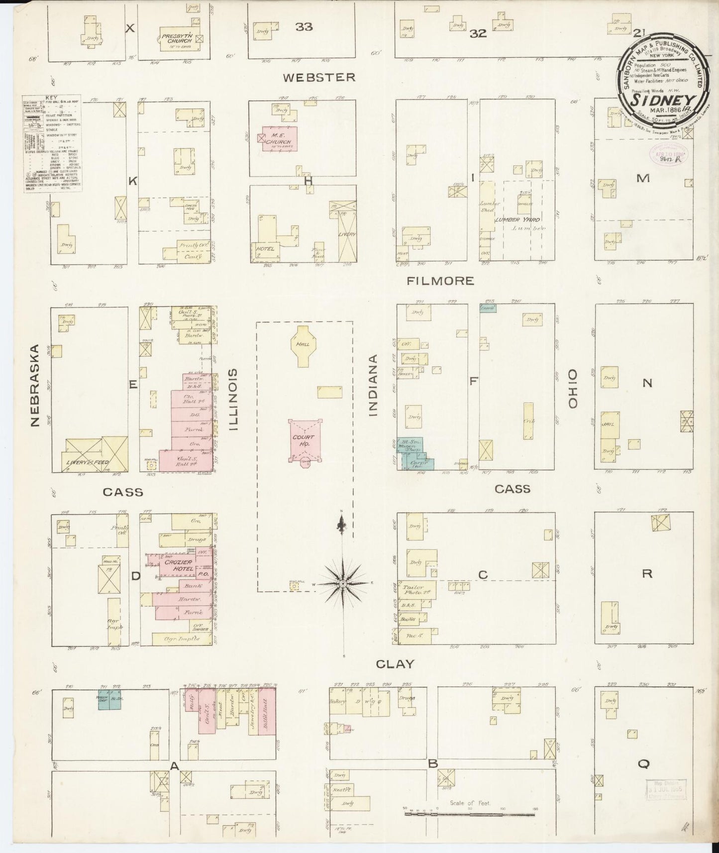Sanborn Fire Insurance Map from Sidney, Fremont County, Iowa (1886), Sheet #0001 - Historic Sanborn Fire Insurance Map Print, vintage old map wall art