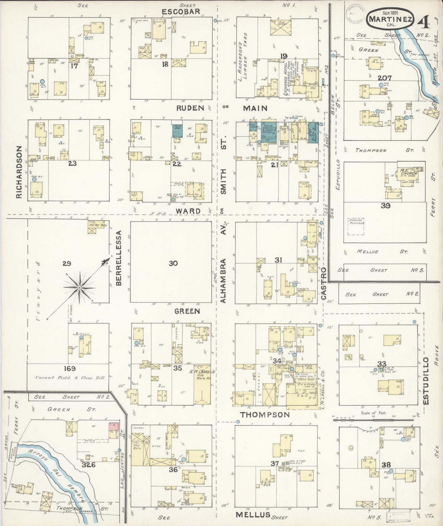 Sanborn Fire Insurance Map from Martinez, Contra Costa County, California (1891), Sheet #0004 - Historic Sanborn Fire Insurance Map Print, vintage old map wall art, antique decor, genealogy gift, California California map