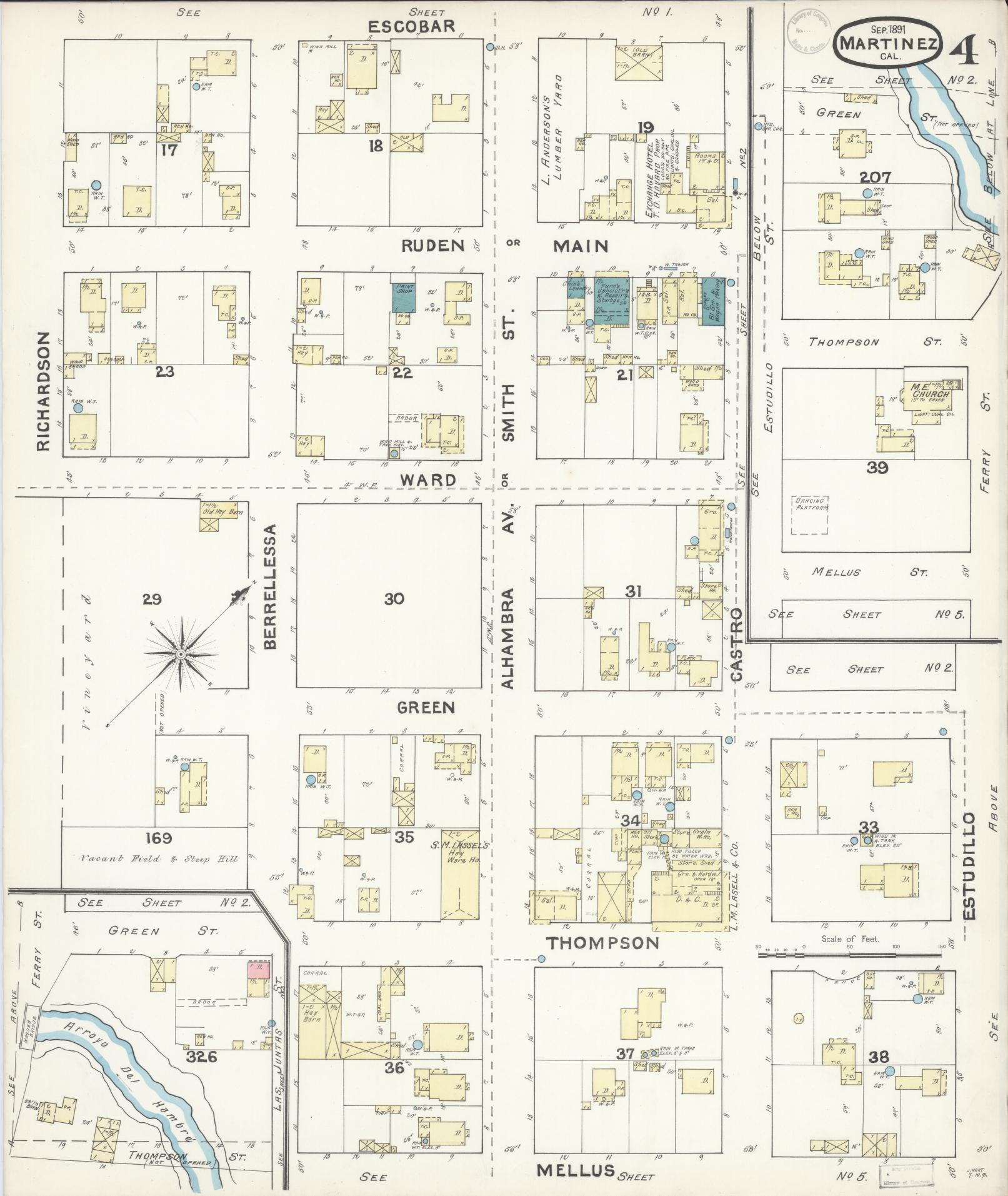 Sanborn Fire Insurance Map from Martinez, Contra Costa County, California (1891), Sheet #0004 - Historic Sanborn Fire Insurance Map Print, vintage old map wall art, antique decor, genealogy gift, California California map