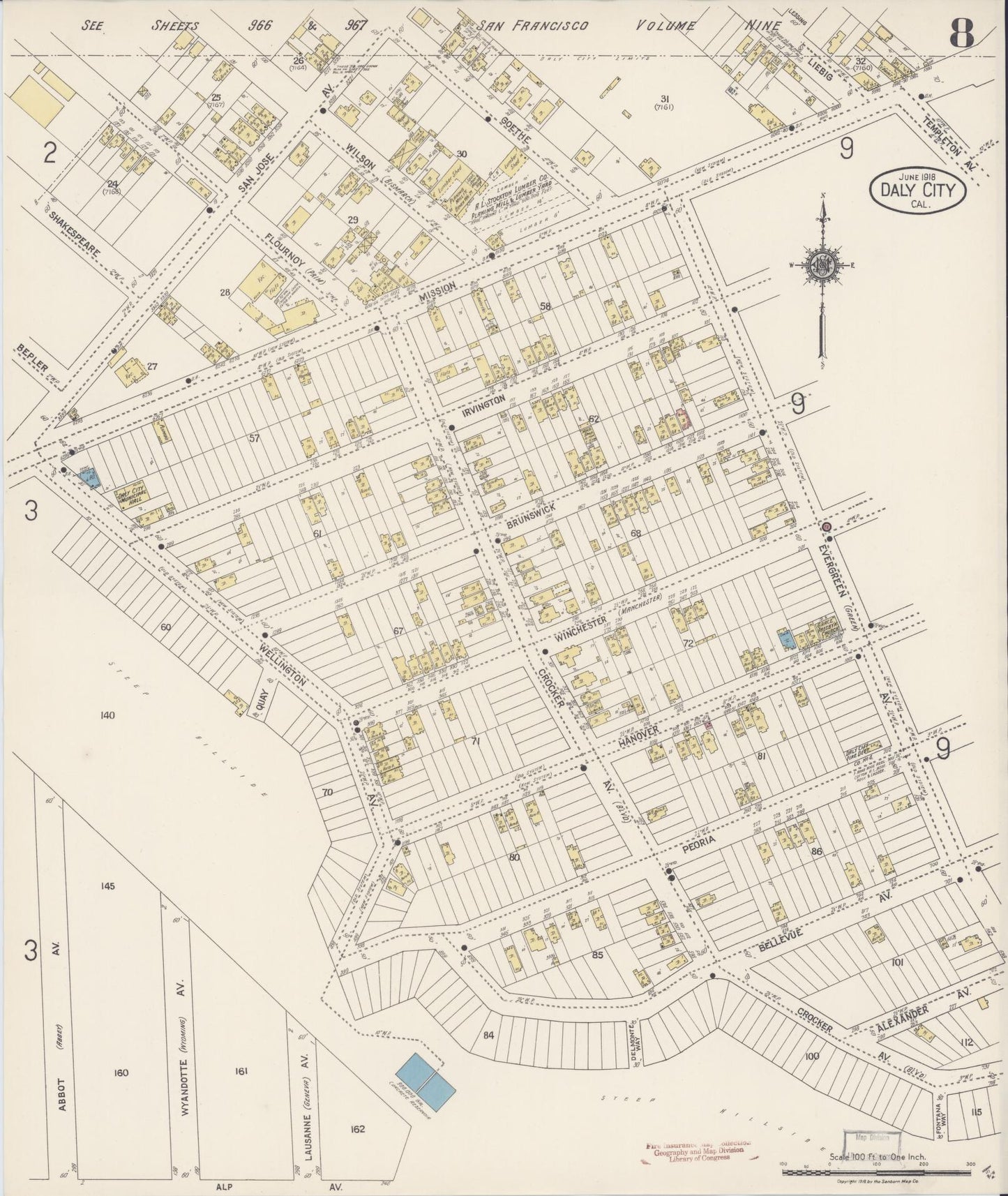 Sanborn Fire Insurance Map from Daly City, San Mateo County, California (1918), Sheet #0008 - Complete Map Set gallery image, historic Sanborn map, vintage wall art, California California