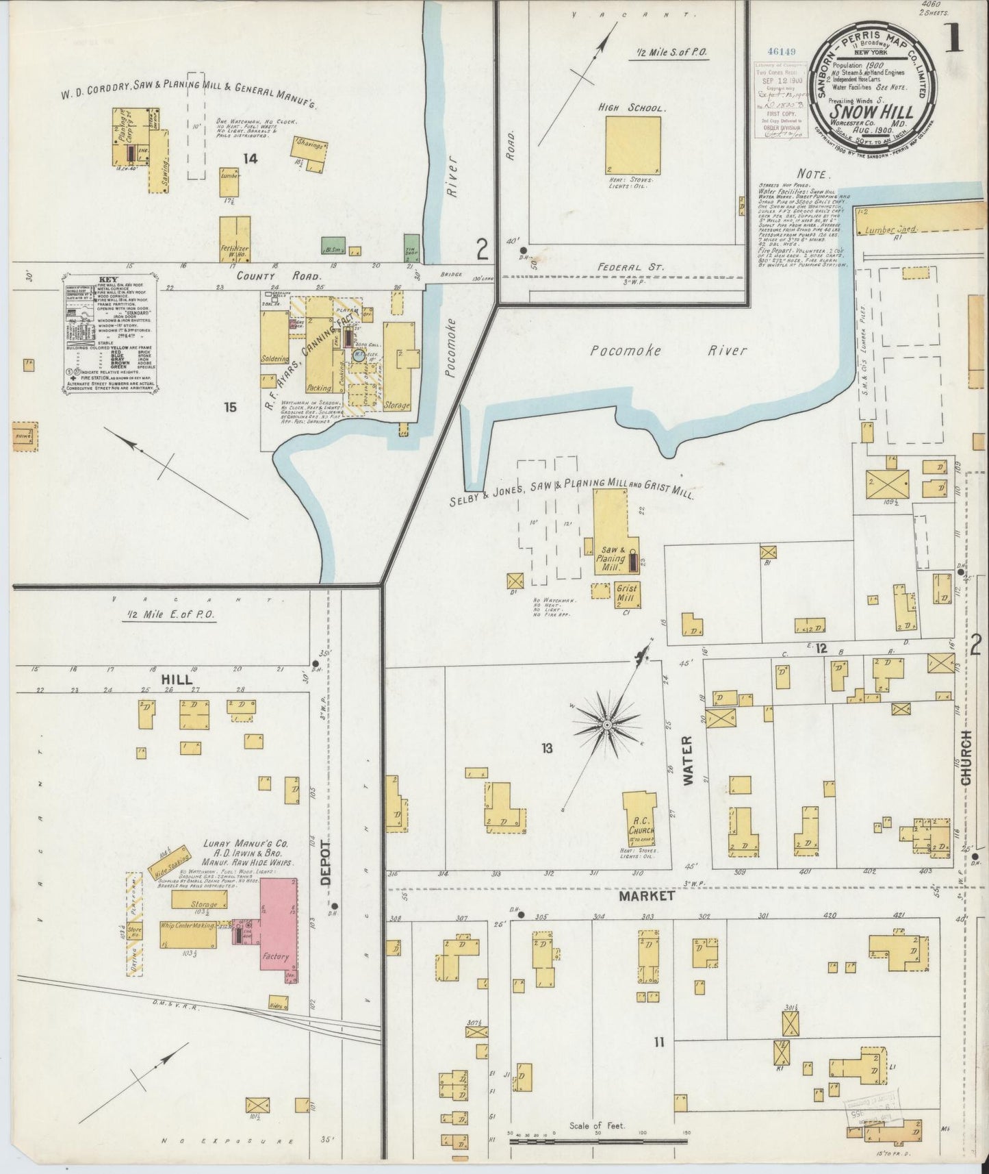 Sanborn Fire Insurance Map from Snow Hill, Worcester County, Maryland (1900), Sheet #0001 - Historic Sanborn Fire Insurance Map Print, vintage old map wall art, antique decor, genealogy gift, Maryland Maryland map