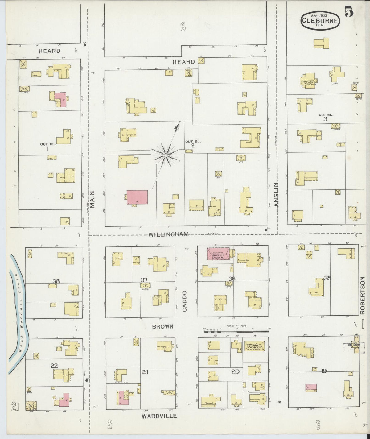 Sanborn Fire Insurance Map from Cleburne, Johnson County, Texas (1893), Sheet #0005 - Historic Sanborn Fire Insurance Map Print, vintage old map wall art, antique decor, genealogy gift, Texas Texas map