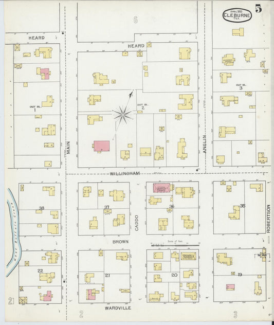 Sanborn Fire Insurance Map from Cleburne, Johnson County, Texas (1893), Sheet #0005 - Historic Sanborn Fire Insurance Map Print, vintage old map wall art, antique decor, genealogy gift, Texas Texas map