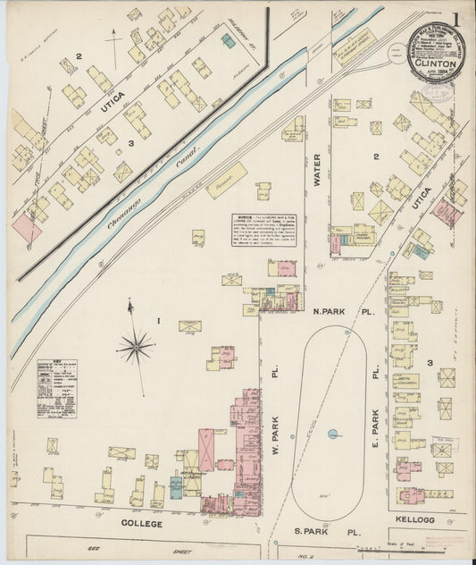 Sanborn Fire Insurance Map from Clinton, Oneida County, New York (1884), Sheet #0001 - Historic Sanborn Fire Insurance Map Print, vintage old map wall art, antique decor, genealogy gift, New York New York map