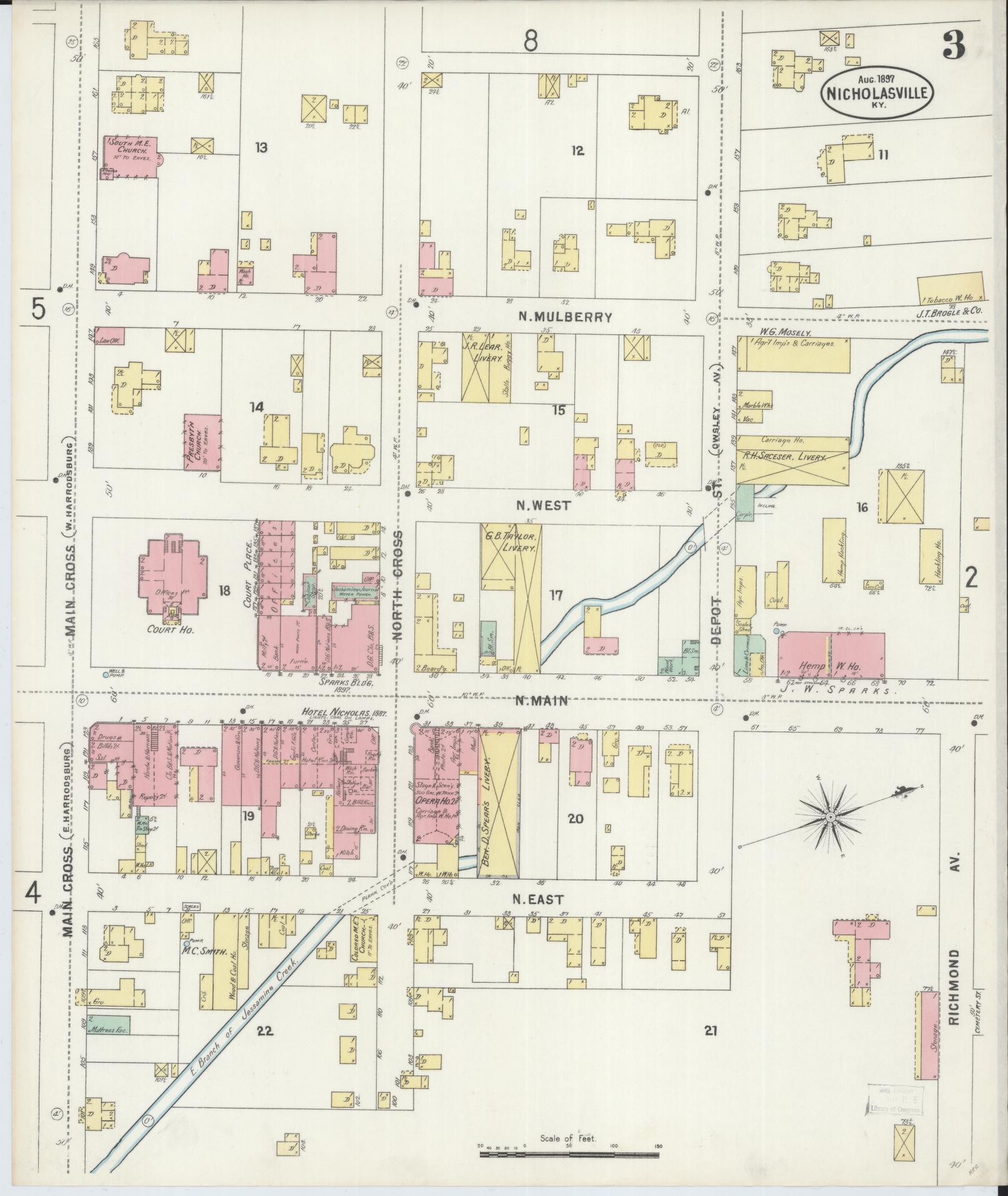 Sanborn Fire Insurance Map from Nicholasville, Jessamine County, Kentucky (1897), Sheet #0003 - Historic Sanborn Fire Insurance Map Print, vintage old map wall art, antique decor, genealogy gift, Kentucky Kentucky map