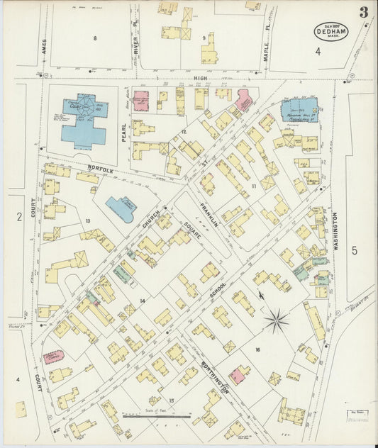 Sanborn Fire Insurance Map from Dedham, Norfolk County, Massachusetts (1897), Sheet #0003 - Historic Sanborn Fire Insurance Map Print, vintage old map wall art, antique decor, genealogy gift, Massachusetts Massachusetts map