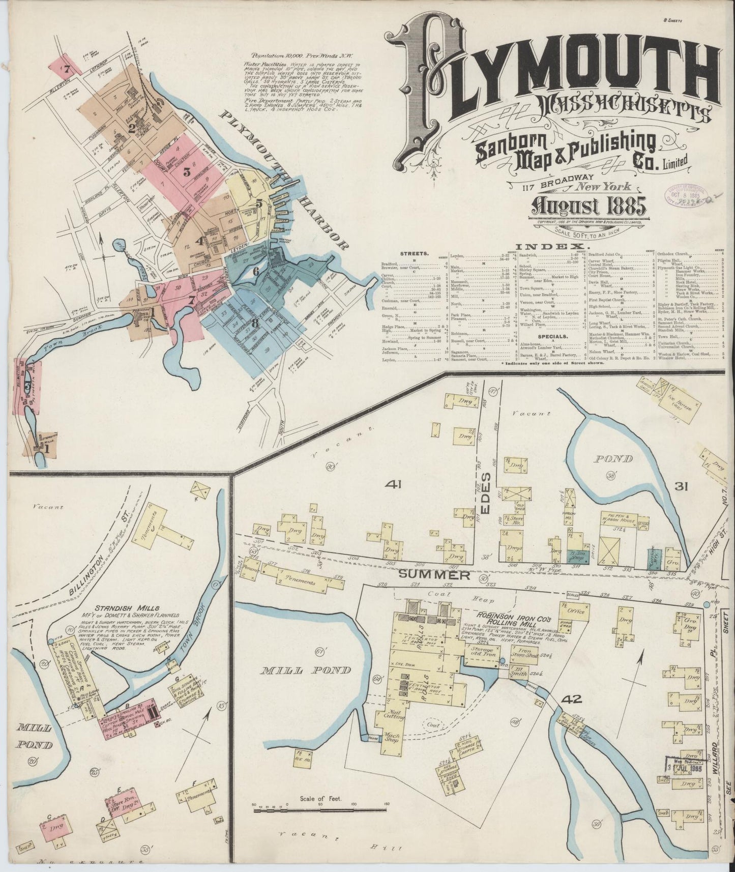 Sanborn Fire Insurance Map from Plymouth, Plymouth County, Massachusetts (1885), Sheet #0001 - Complete Map Set gallery image, historic Sanborn map, vintage wall art, Massachusetts Massachusetts