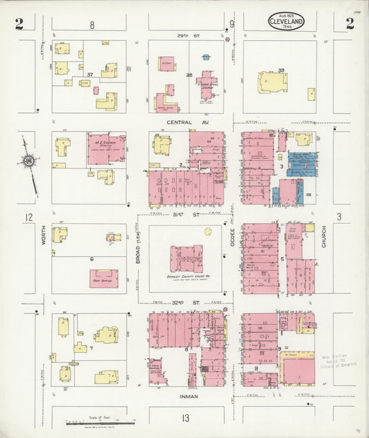Sanborn Fire Insurance Map from Cleveland, Bradley County, Tennessee (1925), Sheet #0002 - Historic Sanborn Fire Insurance Map Print, vintage old map wall art, antique decor, genealogy gift, Tennessee Tennessee map