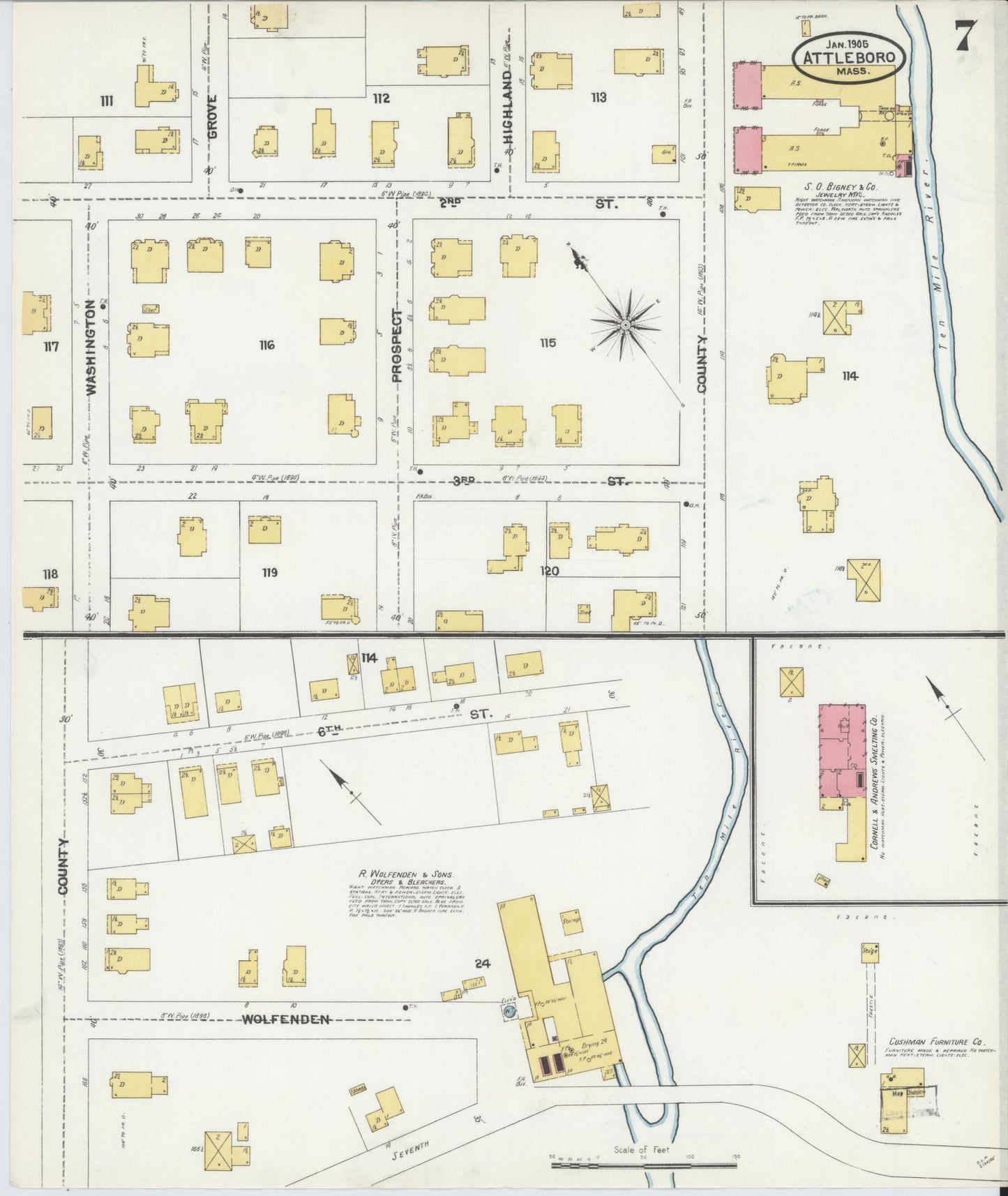 Sanborn Fire Insurance Map from Attleboro, Bristol County, Massachusetts (1905), Sheet #0007 - Historic Sanborn Fire Insurance Map Print, vintage old map wall art, antique decor, genealogy gift, Massachusetts Massachusetts map