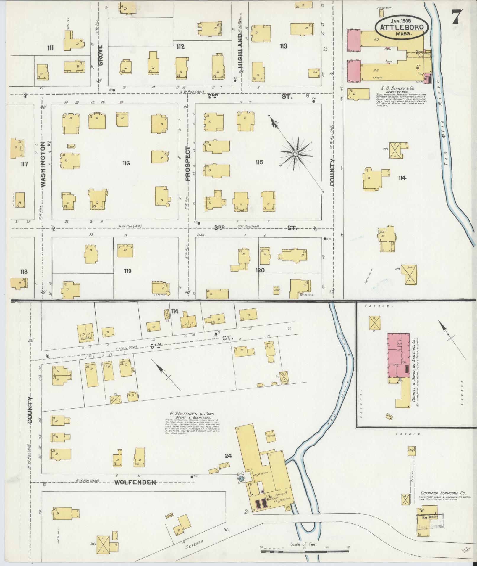 Sanborn Fire Insurance Map from Attleboro, Bristol County, Massachusetts (1905), Sheet #0007 - Historic Sanborn Fire Insurance Map Print, vintage old map wall art, antique decor, genealogy gift, Massachusetts Massachusetts map