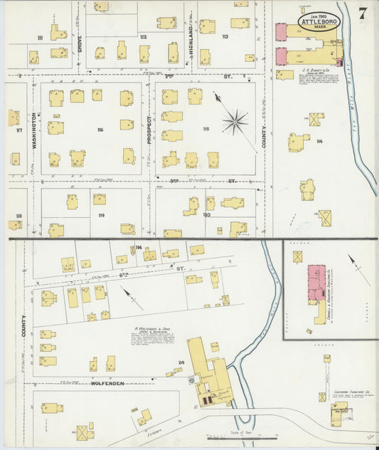 Sanborn Fire Insurance Map from Attleboro, Bristol County, Massachusetts (1905), Sheet #0007 - Historic Sanborn Fire Insurance Map Print, vintage old map wall art, antique decor, genealogy gift, Massachusetts Massachusetts map