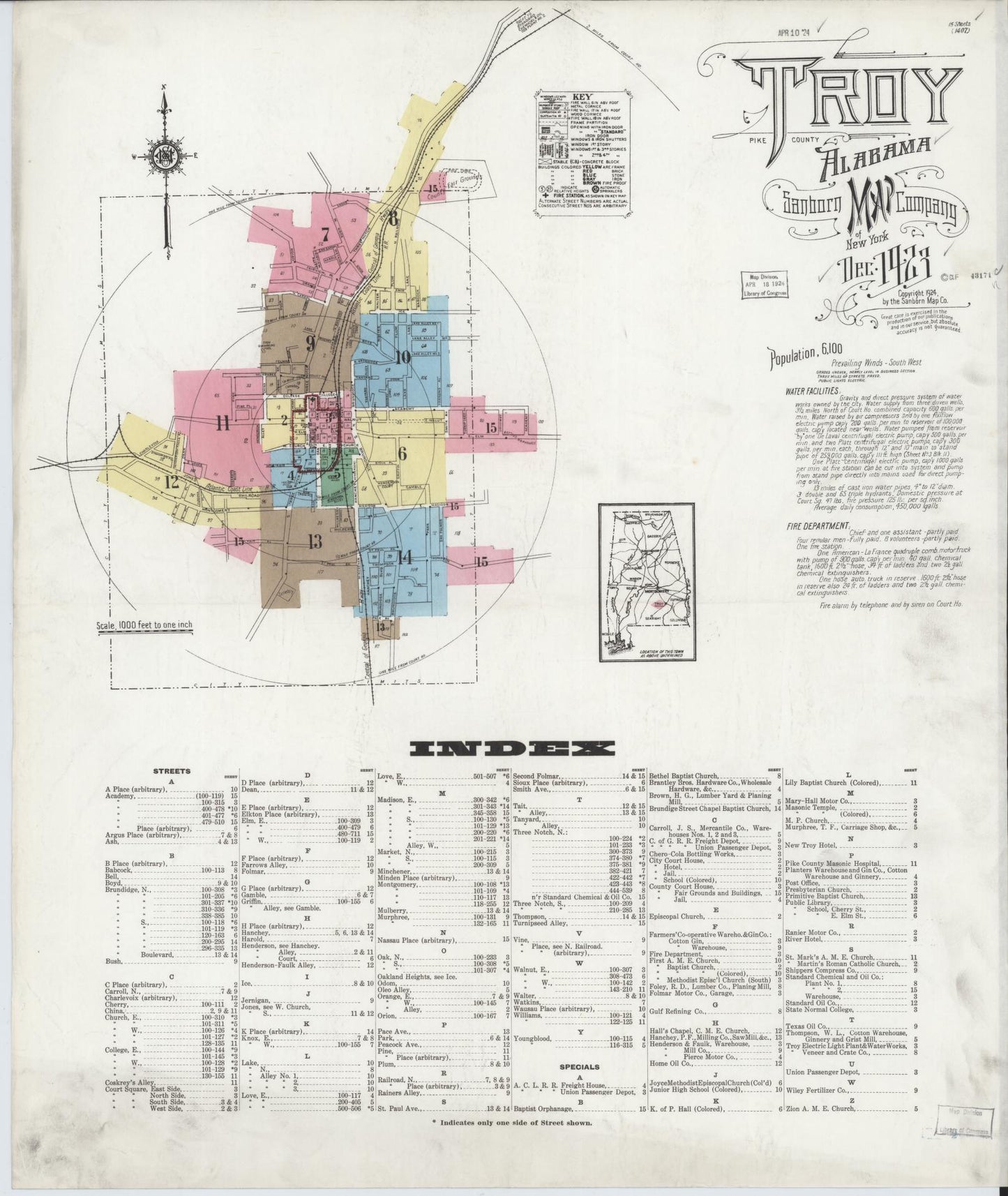 Sanborn Fire Insurance Map from Troy, Pike County, Alabama (1923), Sheet #0001 - Complete Map Set gallery image, historic Sanborn map, vintage wall art, Alabama Alabama
