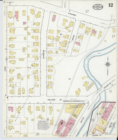 Sanborn Fire Insurance Map from Adrian, Lenawee County, Michigan (1916), Sheet #0012 - Historic Sanborn Fire Insurance Map Print, vintage old map wall art, antique decor, genealogy gift, Michigan Michigan map