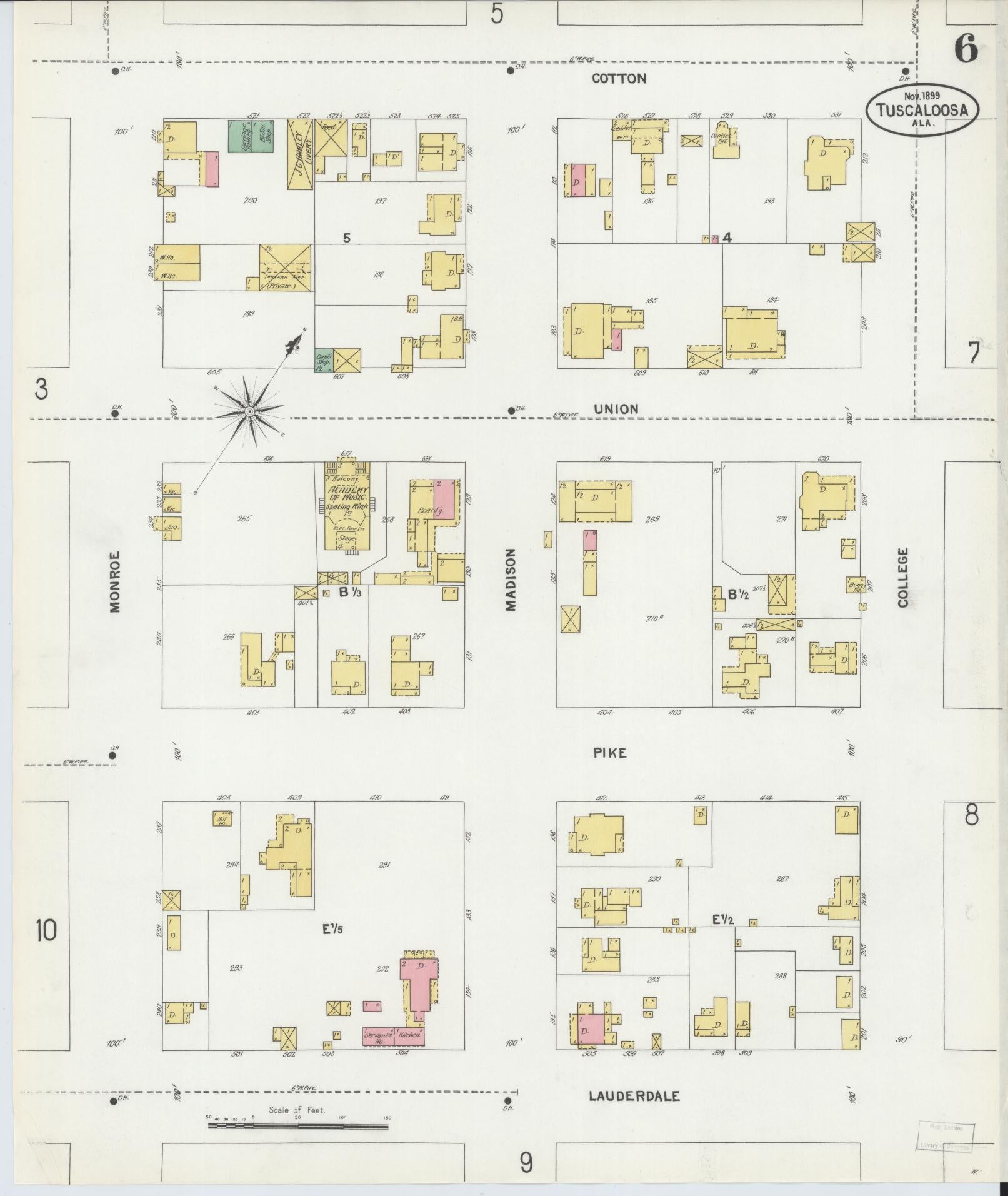 Sanborn Fire Insurance Map from Tuscaloosa, Tuscaloosa County, Alabama (1899), Sheet #0006 - Complete Map Set gallery image, historic Sanborn map, vintage wall art, Alabama Alabama