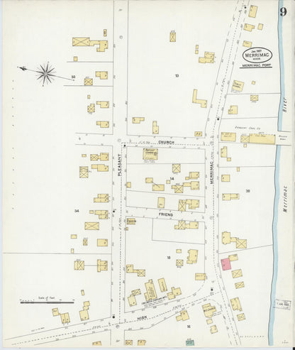 Sanborn Fire Insurance Map from Merrimac, Essex County, Massachusetts (1907), Sheet #0009 - Historic Sanborn Fire Insurance Map Print, vintage old map wall art, antique decor, genealogy gift, Massachusetts Massachusetts map