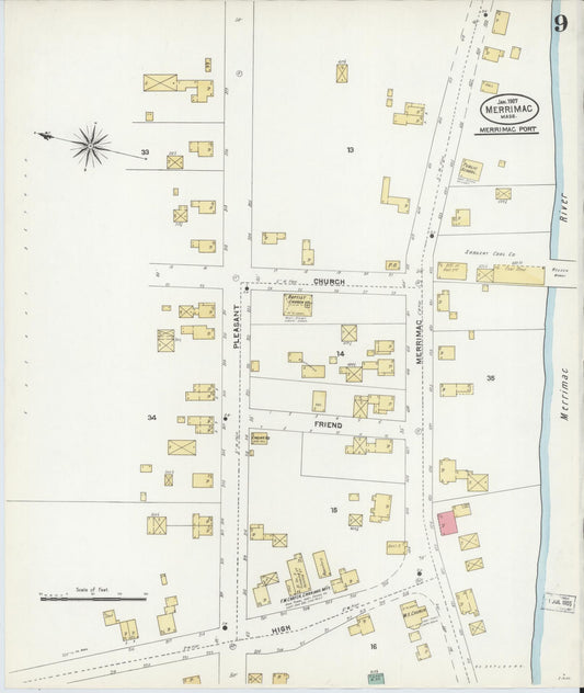 Sanborn Fire Insurance Map from Merrimac, Essex County, Massachusetts (1907), Sheet #0009 - Historic Sanborn Fire Insurance Map Print, vintage old map wall art, antique decor, genealogy gift, Massachusetts Massachusetts map