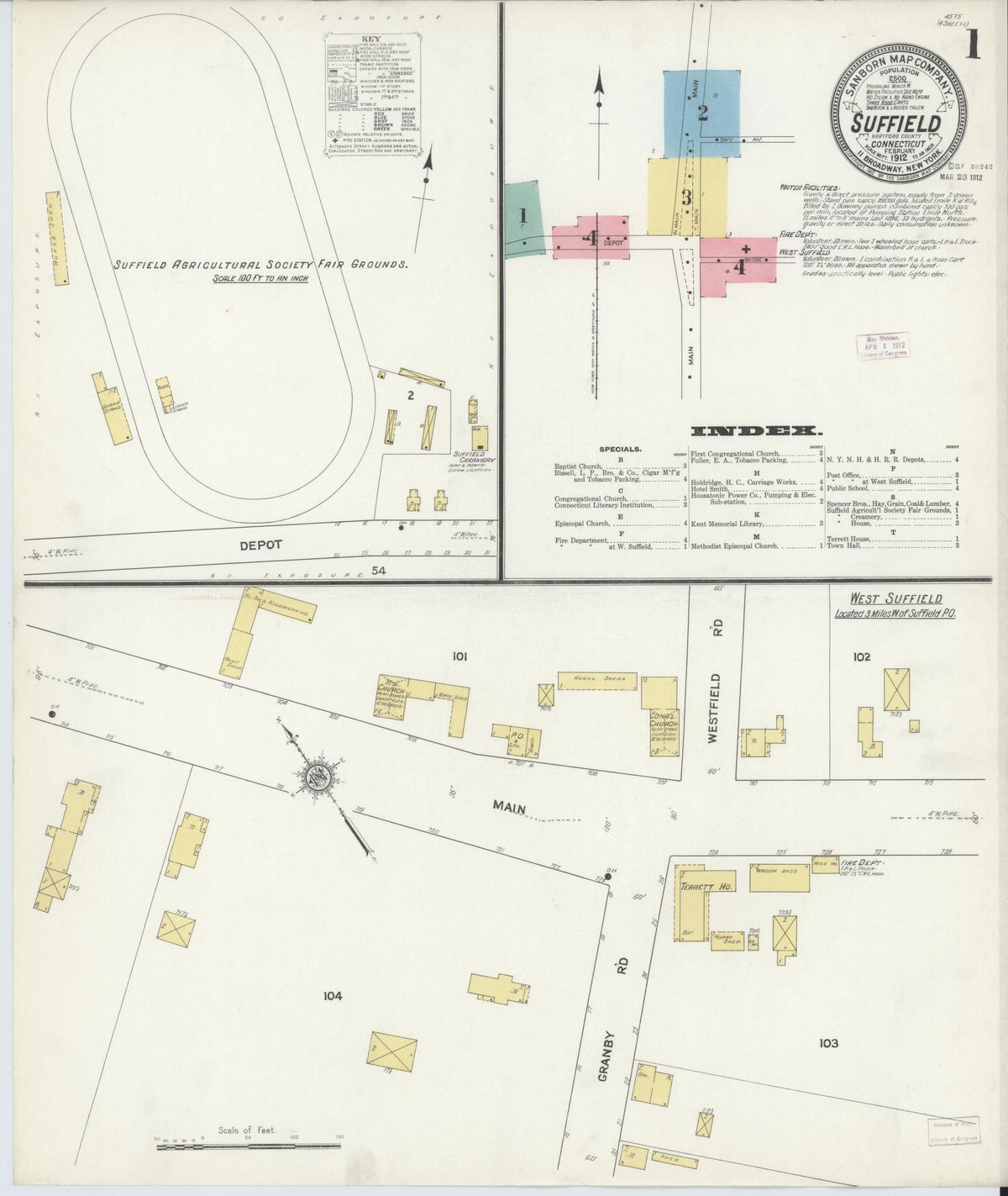 Sanborn Fire Insurance Map from Suffield, Hartford County, Connecticut (1912), Sheet #0001 - Historic Sanborn Fire Insurance Map Print, vintage old map wall art, antique decor, genealogy gift, Connecticut Connecticut map