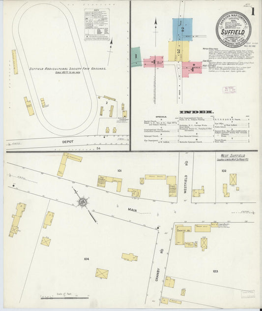 Sanborn Fire Insurance Map from Suffield, Hartford County, Connecticut (1912), Sheet #0001 - Historic Sanborn Fire Insurance Map Print, vintage old map wall art, antique decor, genealogy gift, Connecticut Connecticut map