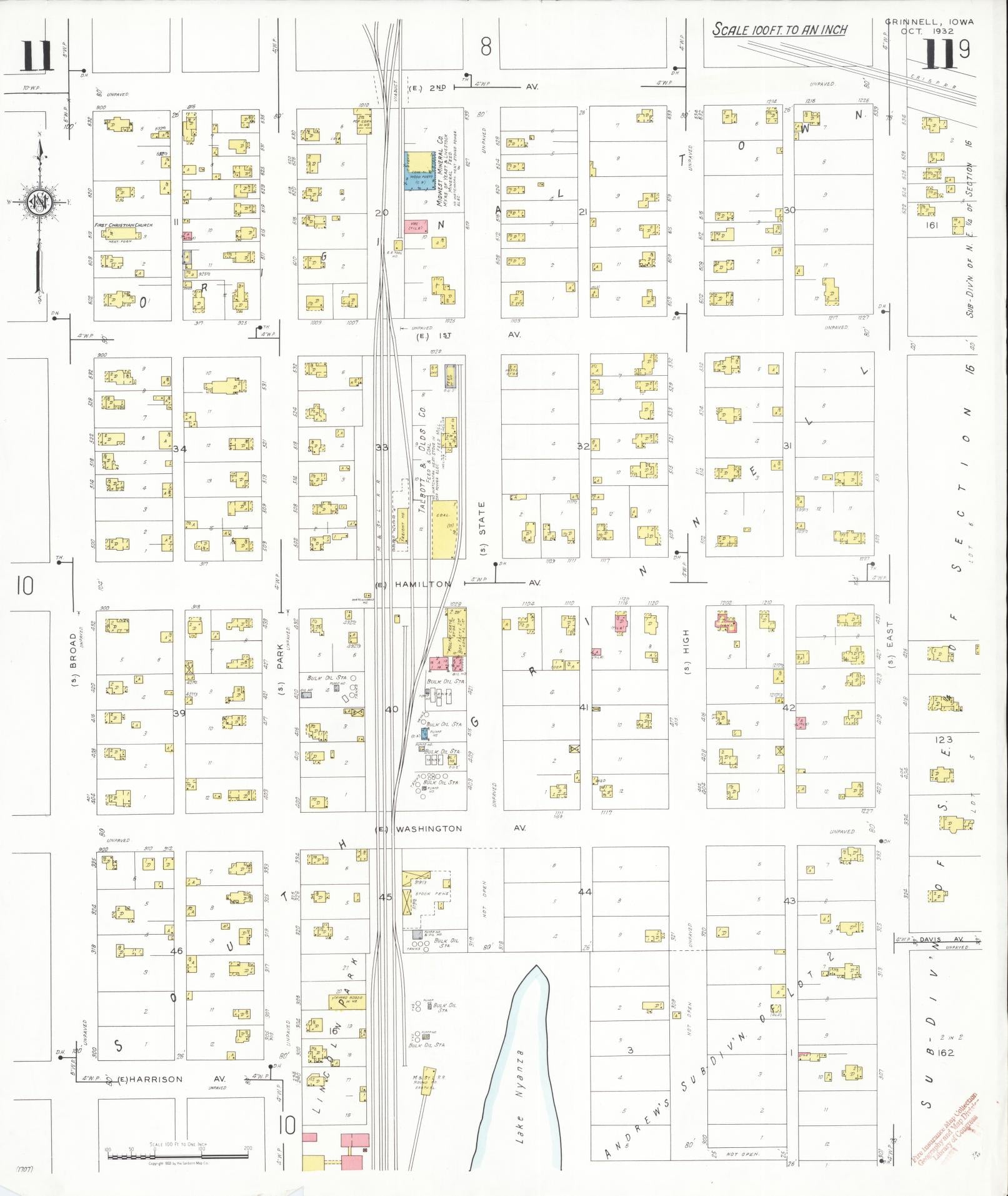Sanborn Fire Insurance Map from Grinnell, Poweshiek County, Iowa (1932), Sheet #0011 - Historic Sanborn Fire Insurance Map Print, vintage old map wall art
