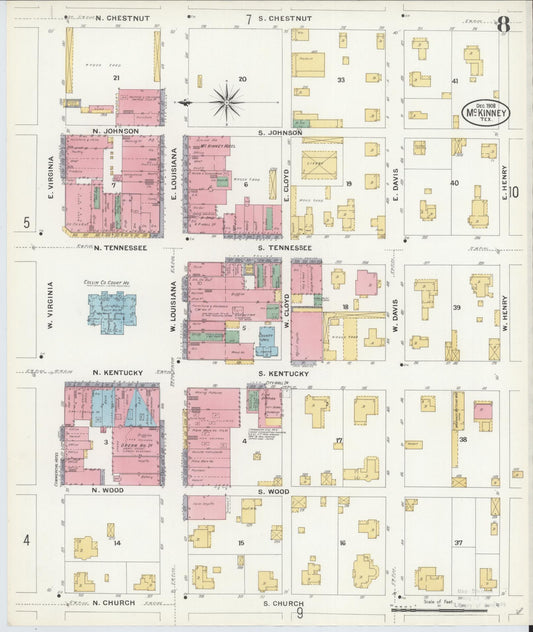 Sanborn Fire Insurance Map from McKinney, Collin County, Texas (1908), Sheet #0008 - Historic Sanborn Fire Insurance Map Print, vintage old map wall art, antique decor, genealogy gift, Texas Texas map