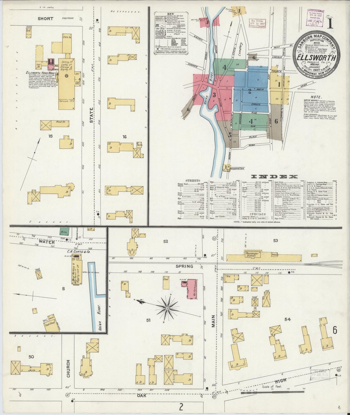 Sanborn Fire Insurance Map from Ellsworth, Hancock County, Maine (1907), Sheet #0001 - Historic Sanborn Fire Insurance Map Print, vintage old map wall art, antique decor, genealogy gift, Maine Maine map
