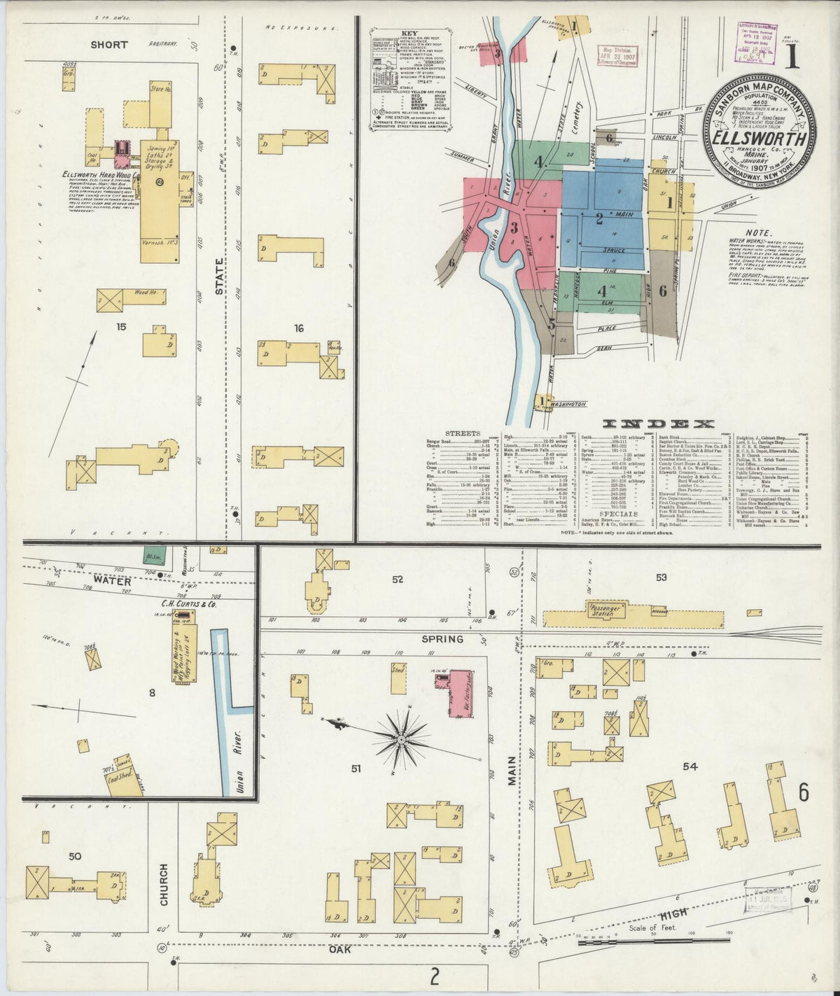 Sanborn Fire Insurance Map from Ellsworth, Hancock County, Maine (1907), Sheet #0001 - Historic Sanborn Fire Insurance Map Print, vintage old map wall art, antique decor, genealogy gift, Maine Maine map