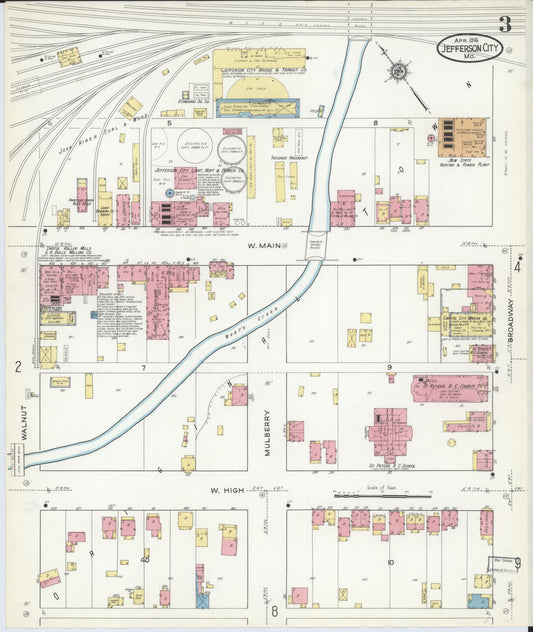 Sanborn Fire Insurance Map from Jefferson City, Cole County, Missouri (1916), Sheet #0003 - Historic Sanborn Fire Insurance Map Print, vintage old map wall art, antique decor, genealogy gift, Missouri Missouri map
