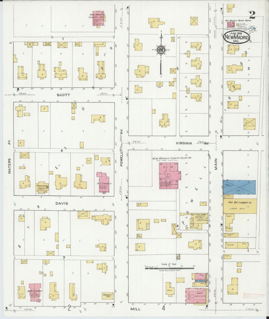 Sanborn Fire Insurance Map from New Madrid, New Madrid County, Missouri (1919), Sheet #0002 - Historic Sanborn Fire Insurance Map Print, vintage old map wall art, antique decor, genealogy gift, Missouri Missouri map