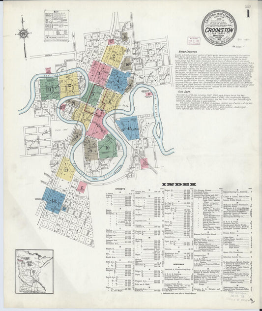 Sanborn Fire Insurance Map from Crookston, Polk County, Minnesota (1913), Sheet #0001 - Historic Sanborn Fire Insurance Map Print, vintage old map wall art, antique decor, genealogy gift, Minnesota Minnesota map