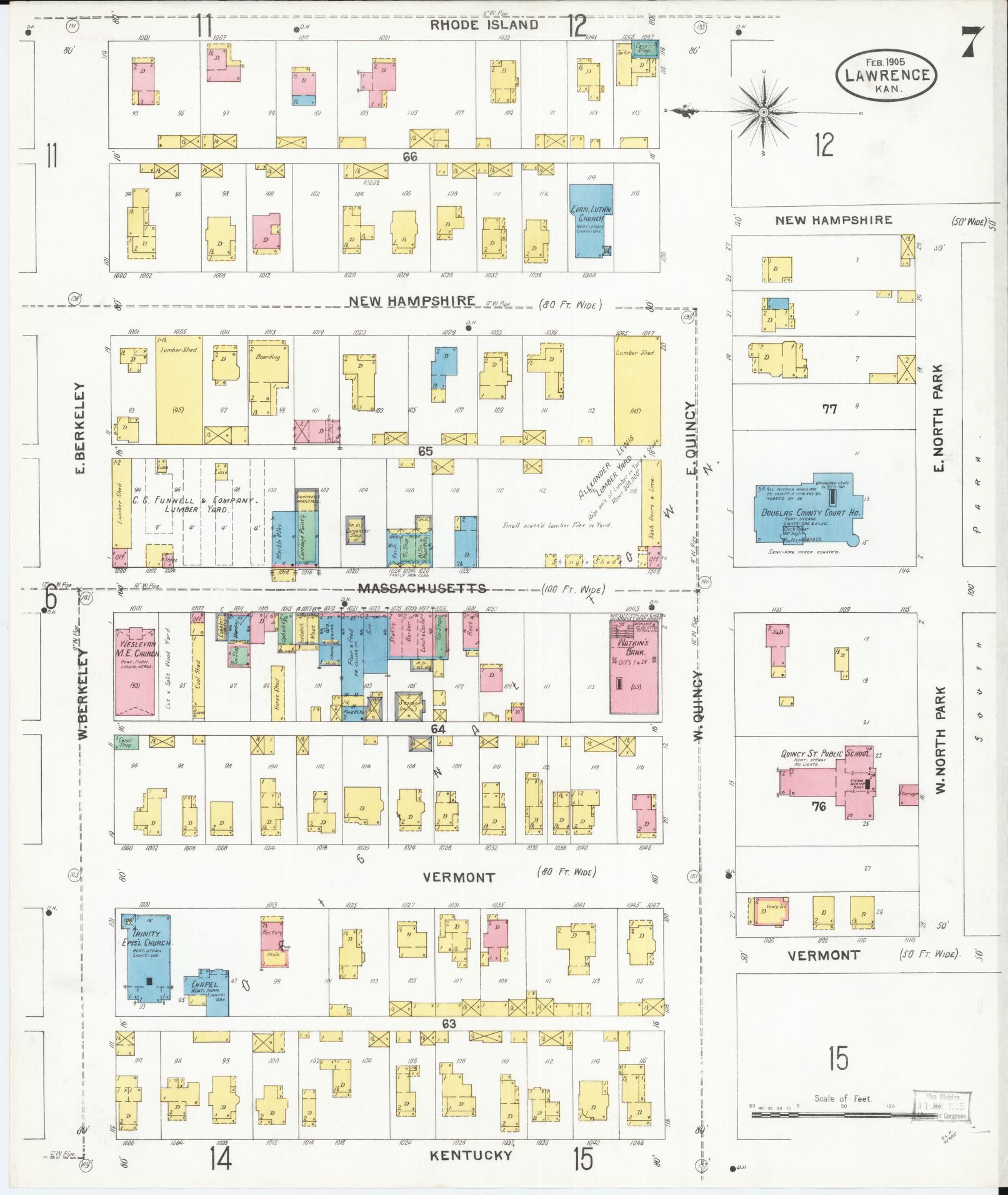 Sanborn Fire Insurance Map from Lawrence, Douglas County, Kansas (1905), Sheet #0007 - Complete Map Set gallery image, historic Sanborn map, vintage wall art, Kansas Kansas