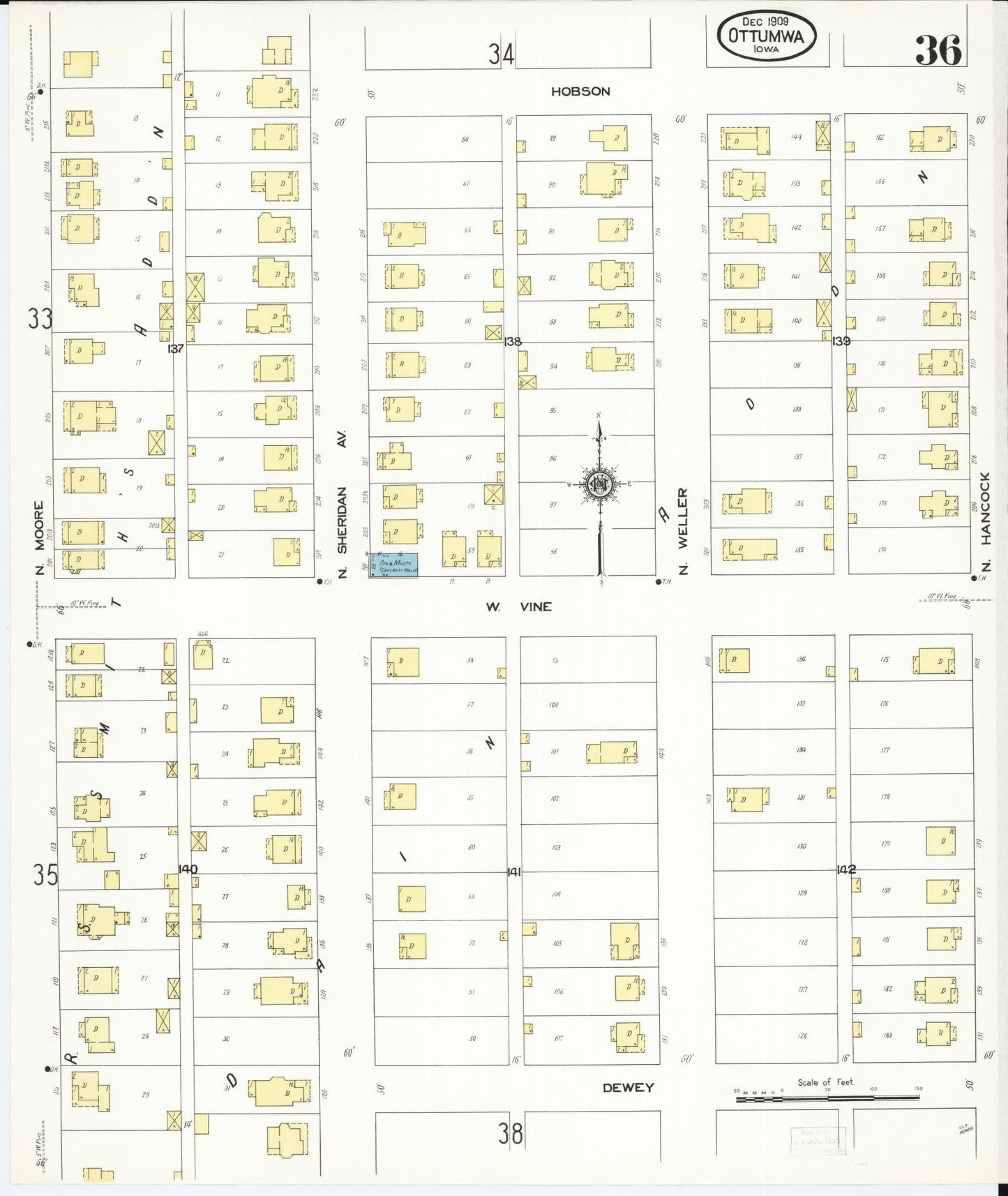Sanborn Fire Insurance Map from Ottumwa, Wapello County, Iowa (1909), Sheet #0036 - Historic Sanborn Fire Insurance Map Print, vintage old map wall art