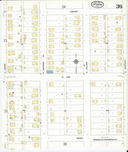 Sanborn Fire Insurance Map from Ottumwa, Wapello County, Iowa (1909), Sheet #0036 - Historic Sanborn Fire Insurance Map Print, vintage old map wall art