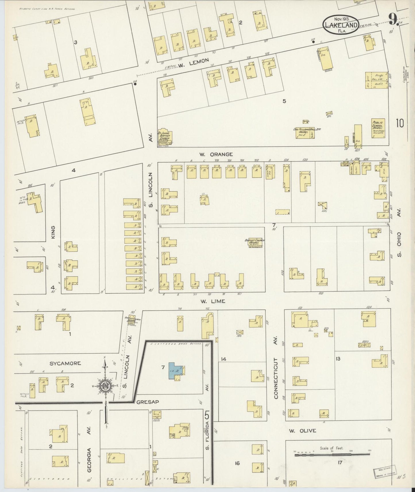 Sanborn Fire Insurance Map from Lakeland, Polk County, Florida (1913), Sheet #0009 - Complete Map Set gallery image, historic Sanborn map, vintage wall art, Florida Florida