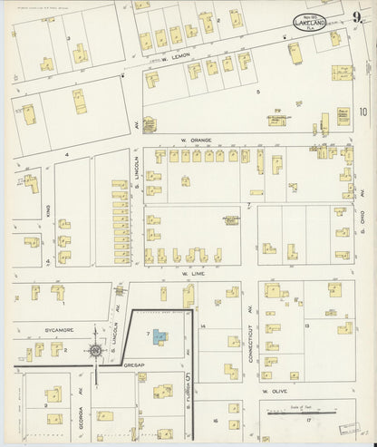 Sanborn Fire Insurance Map from Lakeland, Polk County, Florida (1913), Sheet #0009 - Complete Map Set gallery image, historic Sanborn map, vintage wall art, Florida Florida